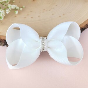 White Elegant Flower Girl Hair Accessory. Large Toddler Girls Hair Bow with Pearls & Rhinestones for Weddings, First Communion or Christenin image 5