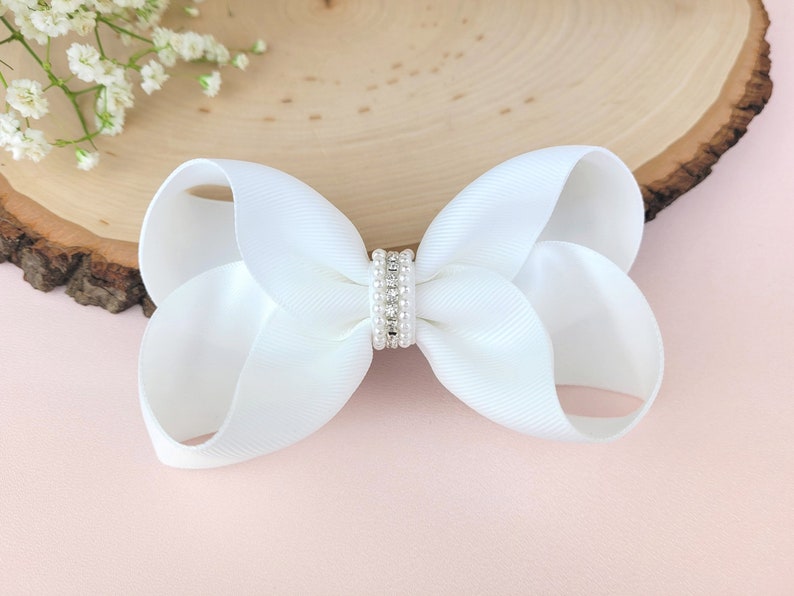 White Elegant Flower Girl Hair Accessory. Large Toddler Girls Hair Bow with Pearls & Rhinestones for Weddings, First Communion or Christenin image 5