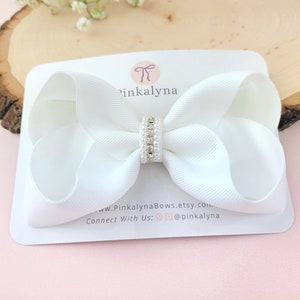 White Elegant Flower Girl Hair Accessory. Large Toddler Girls Hair Bow with Pearls & Rhinestones for Weddings, First Communion or Christenin image 6