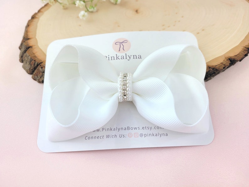 White Elegant Flower Girl Hair Accessory. Large Toddler Girls Hair Bow with Pearls & Rhinestones for Weddings, First Communion or Christenin image 6