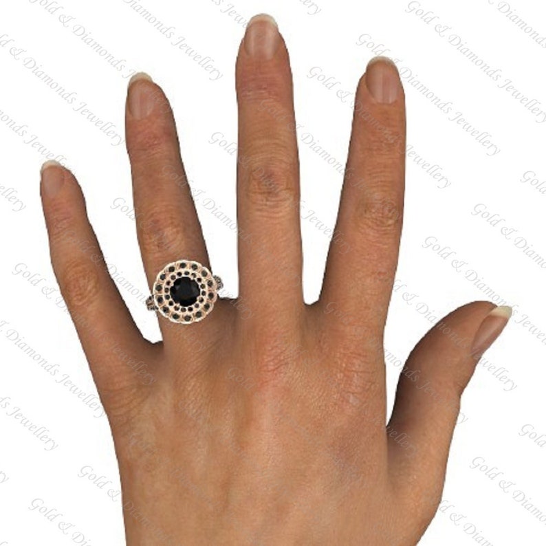 14K Rose Gold Over Sterling Silver 3.00 Ct Round Cut Black Diamond Brilliant Jess amine Engagement Ring Women