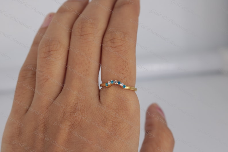 Round Cut Blue Topaz /& Diamond 14k Yellow Gold Over Sterling Silver Engagement Curved Ring For Women