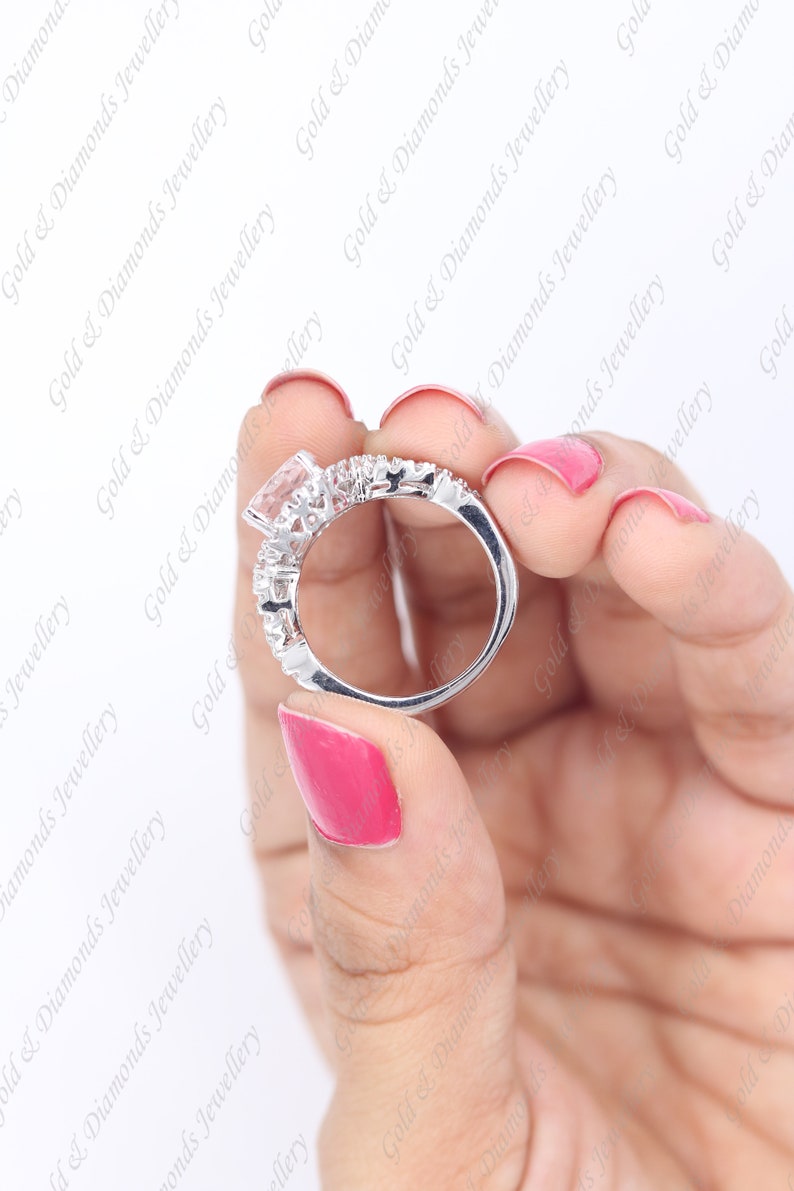 Round Cut Morgonite /& Diamond 14k White Gold Over Sterling Silver Anniversay Ring For Women