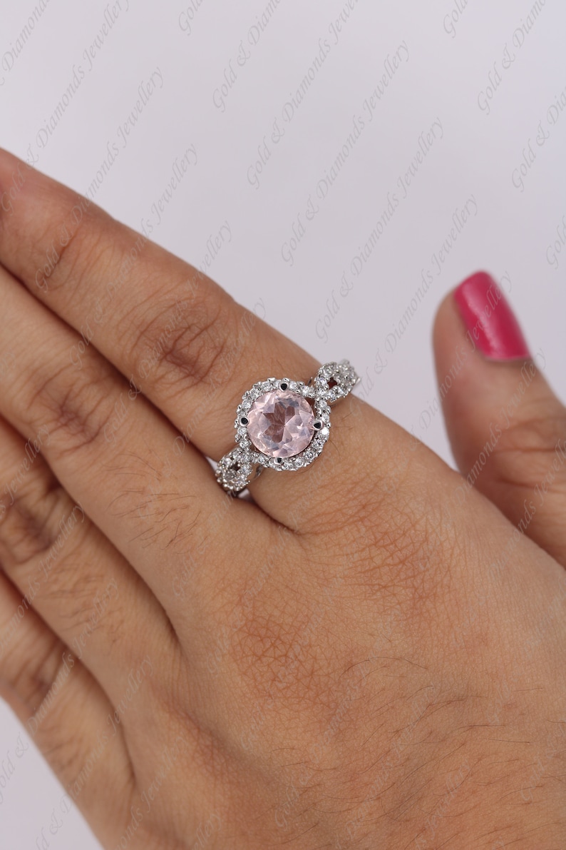Round Cut Morgonite /& Diamond 14k White Gold Over Sterling Silver Anniversay Ring For Women