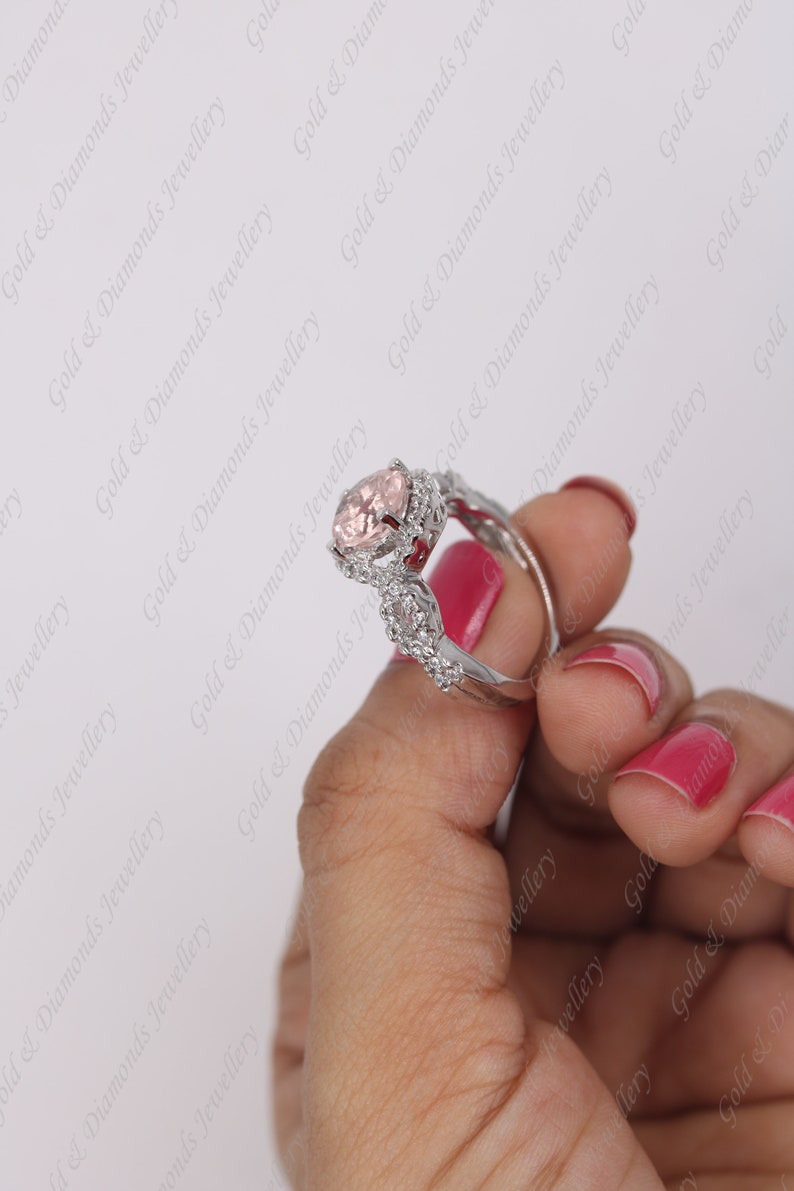 Round Cut Morgonite /& Diamond 14k White Gold Over Sterling Silver Anniversay Ring For Women