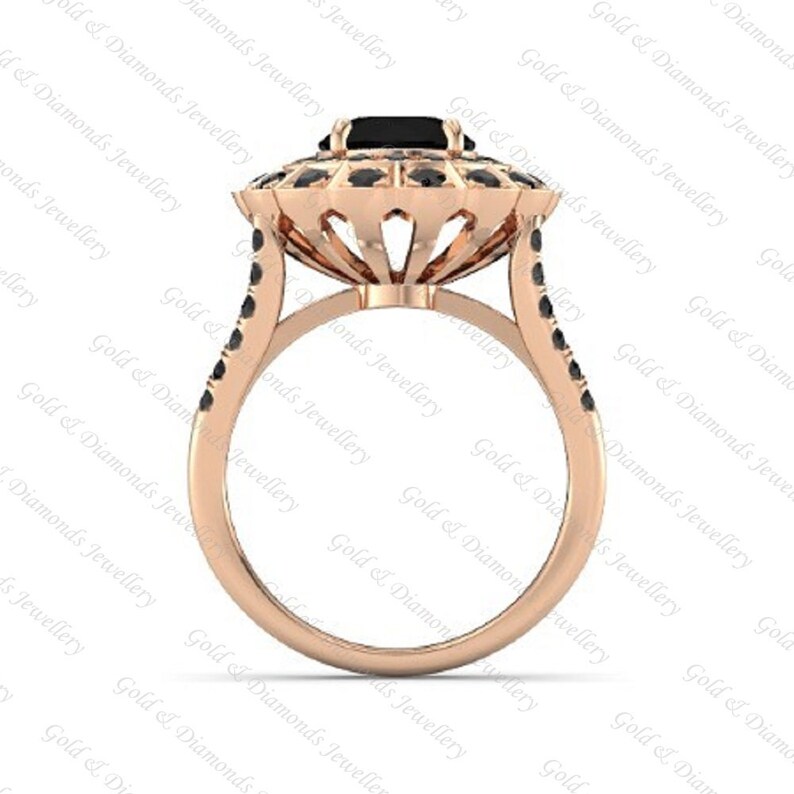 14K Rose Gold Over Sterling Silver 3.00 Ct Round Cut Black Diamond Brilliant Jess amine Engagement Ring Women