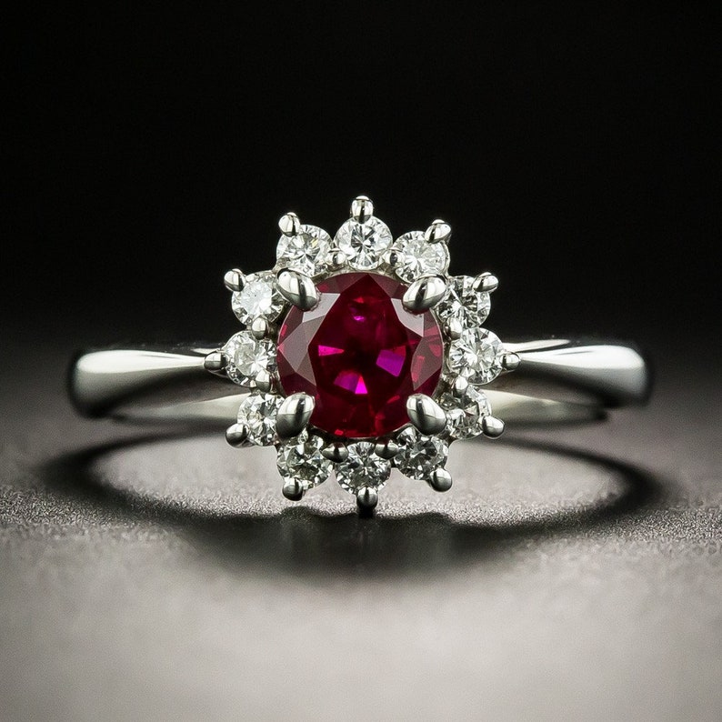 Ruby Stone 14k White Gold Over Sterling Silver 0.28 Ct Diamond Classic Estate Ring Women