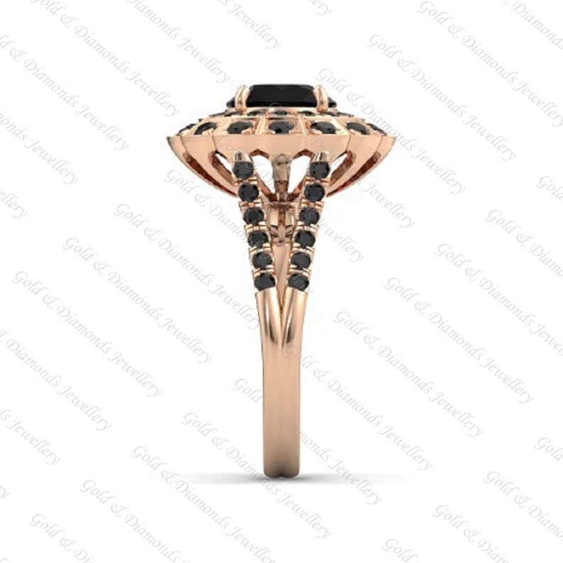 14K Rose Gold Over Sterling Silver 3.00 Ct Round Cut Black Diamond Brilliant Jess amine Engagement Ring Women