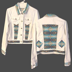 Native inspired white denim jacket. Size M