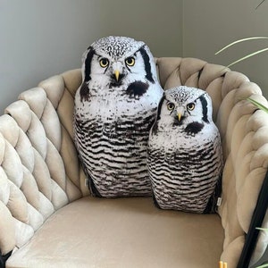 Owl pillow / Northern Hawk owl / bird pillow / owl gift / Canadian owl / Eulenkissen / Surnia ulula / oreiller hibou / woodland decor