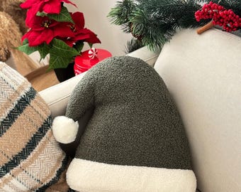 Bouclé Santa Hat Pillow, Dark Green Christmas Cushion