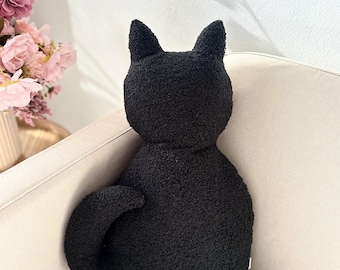 Black Cat pillow, pet shape boucle cushion, cat lover gift