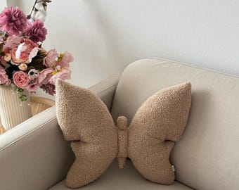 Beige Butterfly Pillow – Minimalist Boucle Decorative Cushion, Modern Nursery Decor, Soft Handmade Throw Pillow