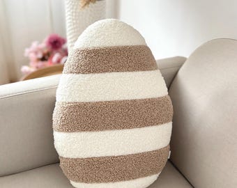 Egg-Shaped Easter Cushion in Beige and Ecru Striped Boucle pillow
