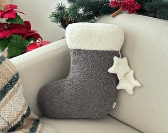 Christmas Stocking shape pillow,  dark grey stocking cushion boucle