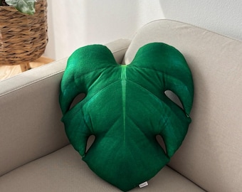 Monstera Leaf Pillow, Tropical Botanical Cushion, Realistic Plant Decor