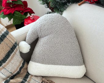 Bouclé Santa Hat Pillow, Grey Christmas Cushion, Handmade