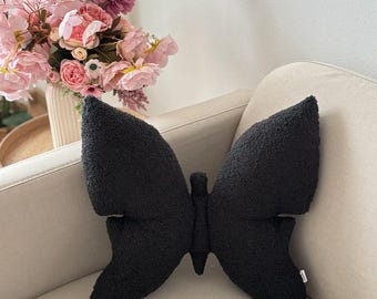 Black Butterfly Pillow – Minimalist Boucle Decorative Cushion, Modern Nursery Decor, Handmade Throw Pillow