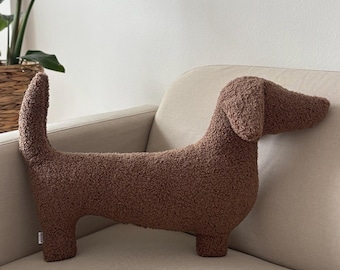 Brown Dachshund Pillow – Minimalist Boucle Dog Cushion, dogs lover gift