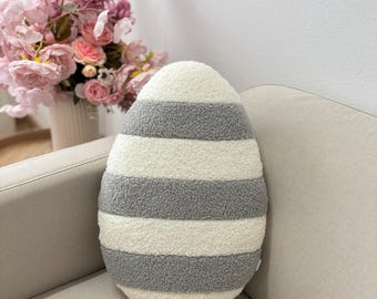 Egg-Shaped Easter Cushion in Light Gray and Ecru Striped Boucle pillow