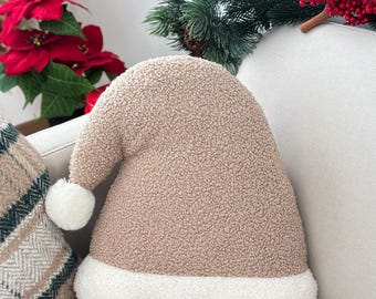 Boucle Santa Hat Pillow, Beige Christmas Cushion, Handmade