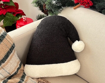 Boucle Santa Hat Pillow, Black Christmas Cushion, Handmade