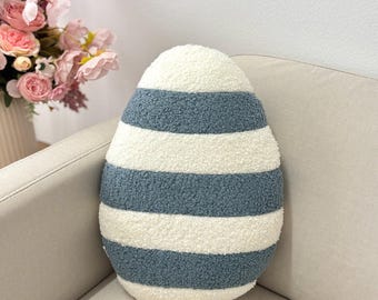 Egg-Shaped Easter Cushion in Blue and Ecru Striped Boucle pillow
