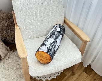 Birch Tree Log Pillow: Woodland Decor Bolster Cushion