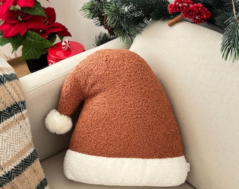 Christmas Santa hat shape pillow rust boucle cushion