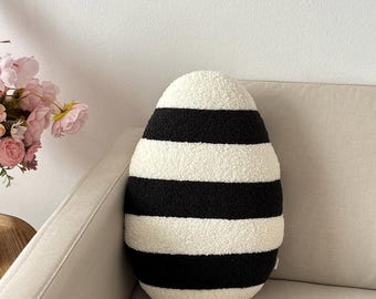 Egg-Shaped Easter Cushion in Black and Ecru Striped Boucle pillow