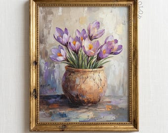 Vintage Purple Crocus Flowers, Rustic Clay Pot Still Life Printable Wall Art (Digital Download)