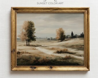 Paisagem outonal melancólica para imprimir, arte de parede rústica de outono, cenário pastoral terroso, pintura neutra de campo aberto, decoração para download digital
