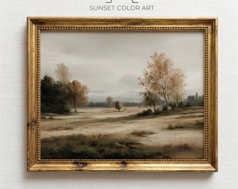 Paisagem outonal melancólica para imprimir, decoração rústica de fazenda, árvores douradas em um prado, arte de parede em estilo vintage, download digital sereno de outono.