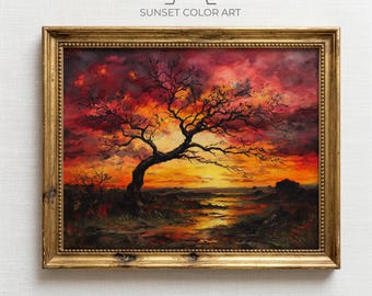 Windswept Tree Painting, Moody Sunset Landscape Printable Wall Art (Digital Download)