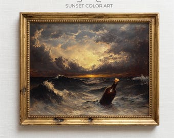 Corked Bottle, Stormy Ocean Waves Vintage Painting Printable Wall Art (Digital Download)