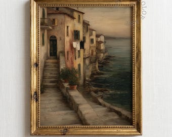 Arte digital para imprimir de uma vila mediterrânea rústica - Arte de parede costeira, pintura em tons neutros suaves, cena vintage de Cinque Terre, download de arte digital