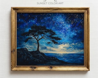 Lone Cypress Tree Silhouette, Starlit Night Sky Coastal Painting Printable Wall Art (Digital Download)