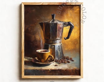 Arte vintage de natureza morta com café / Decoração aconchegante para cozinha com cafeteira italiana / Impressão digital para presente para amantes de café / Pintura rústica de café expresso