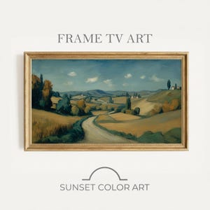 Könnte beinhalten: Gerahmtes Landschaftsgemälde mit goldenem Rahmen. Das Kunstwerk zeigt eine kurvenreiche Straße durch sanfte Hügel unter blauem Himmel mit Wolken. Die Texte "FRAME TV ART" und "SUNSET COLOR ART" befinden sich über und unter dem Gemälde.