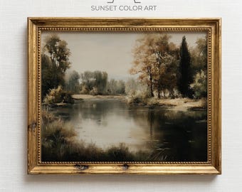 Arte de parede digital para download com paisagem rústica de lago no outono, estilo vintage melancólico, pintura serena de outono, cores terrosas, árvores douradas.