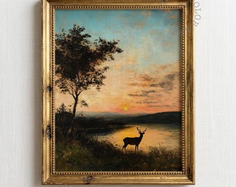 Vintage Deer Silhouette Sunset, Rustic Lake Landscape Printable Wall Art (Digital Download)