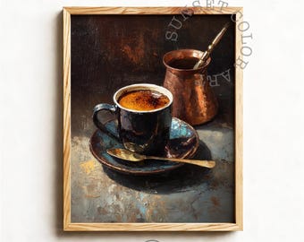 Arte rústica de xícara de café turco / Pintura vintage de natureza morta para decoração de cozinha, arte de parede para imprimir, download digital, estética aconchegante do velho mundo.