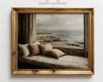 Assento de janela costeiro antigo com vista para o mar, arte de parede imprimível de costa rochosa, decoração vintage melancólica, pintura digital, arte de paisagem serena