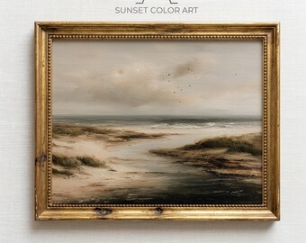 Arte vintage de paisagem costeira, litoral rochoso antigo, dunas e oceano para imprimir, pintura de praia melancólica, decoração rústica de parede digital.