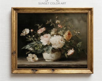 Pintura de natureza morta vintage com rosas e peônias, buquê floral rosa, decoração romântica e aconchegante para casa de campo, arte de parede para imprimir, download digital.