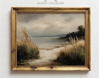 Arte rústica para imprimir com paisagem litorânea à beira do lago, arte costeira melancólica, pintura de paisagem vintage, cena serena de dunas com grama, download de arte digital para parede.