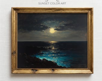 Moonlit Ocean Seascape, Vintage Rocky Tide Pool Print (Digital Download)