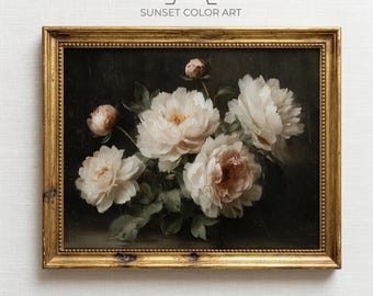 Pintura de peônia antiga para imprimir, arte floral vintage sombria, flores românticas em tons de rosa e creme, natureza-morta melancólica, download digital clássico