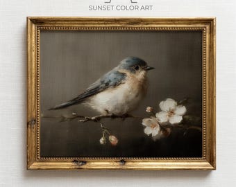 Pássaro-azul vintage em galho florido, arte clássica para impressão em estilo antigo, estudo botânico rústico, download digital para download.