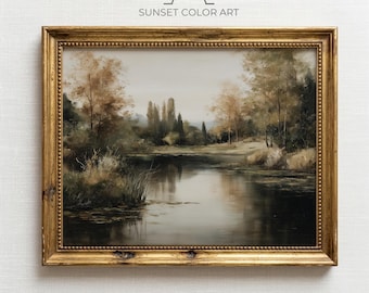 Arte rústica de outono com lago, folhas douradas, estilo cottagecore aconchegante, pintura de paisagem outonal melancólica, decoração vintage com toque rústico, download digital.